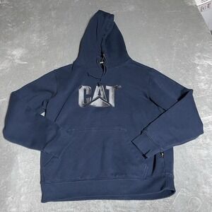 CAT Hoodie Mens Medium Navy Cotton Logo Embroidered Sweatshirt Workwear Blue